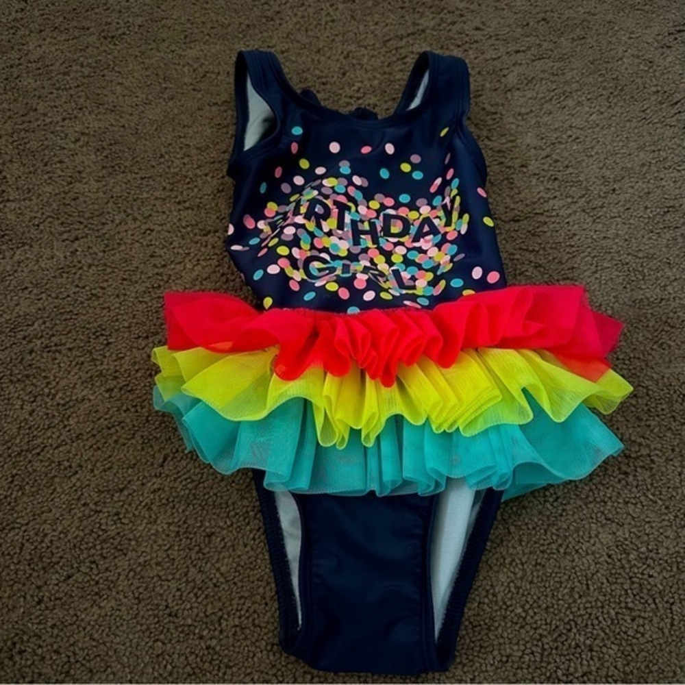 Girls Navy 'Birthday Girl' Ruffle One-Piece Swimsuit